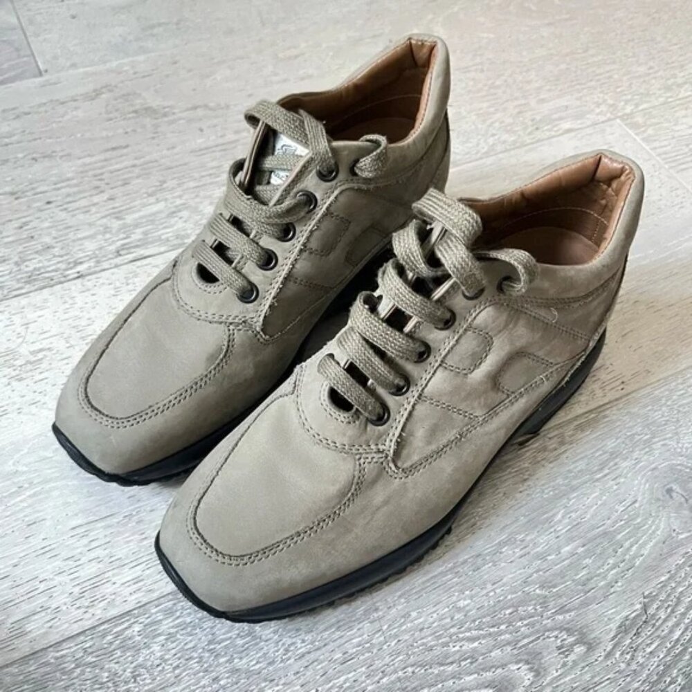 Hogan Interactive Lace Up Wedge Sneakers in Light Solid Warm Grey Suede 5.5